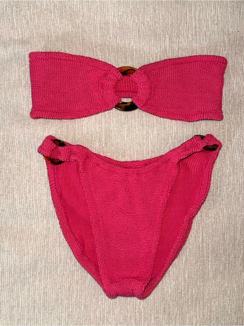 Hunza G Gloria Bandeau Crinkle Bikini Set Pink Fuschia Strapless Tortoise